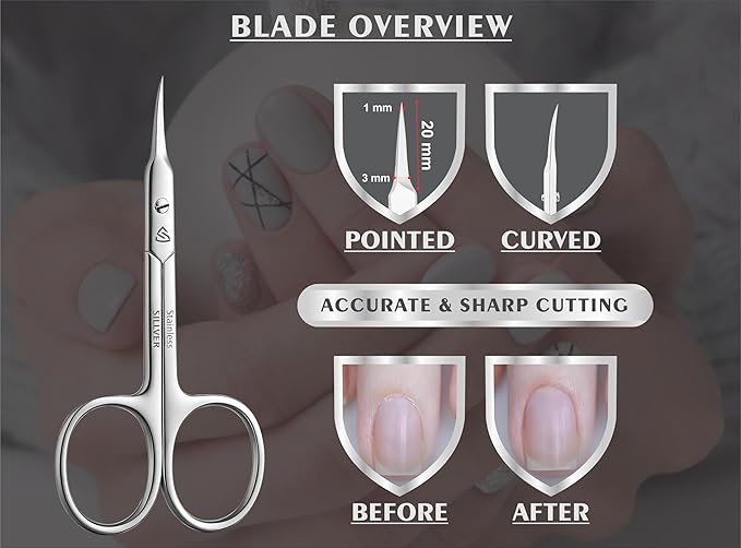 SILLVER Cuticle Scissors Curved Blade - Extra Fine Pointed Tip Professional Manicure Grooming Scissors for Cuticles, Beard, Nose Hair, Eyelash, Mustache - Eyebrow Scissors