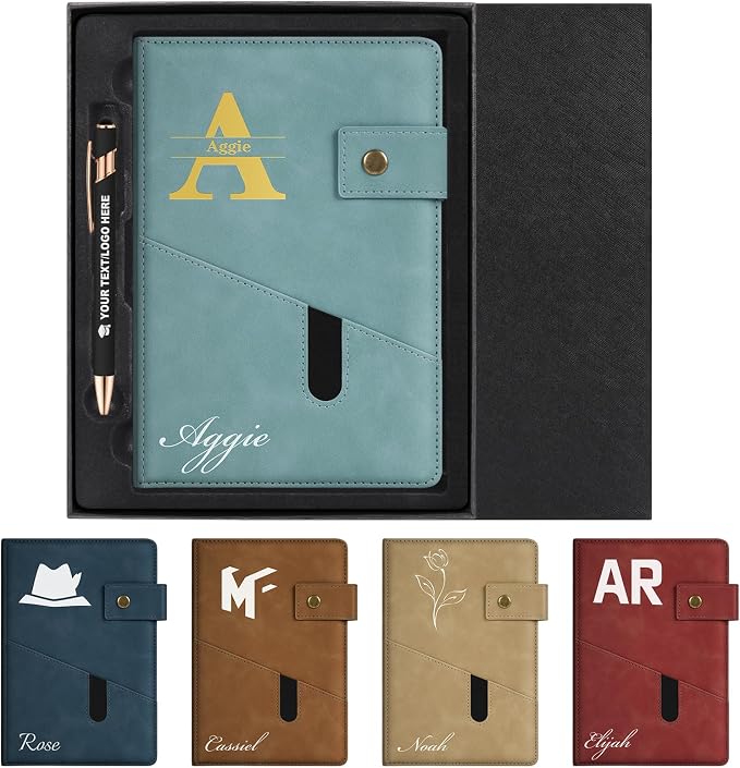ENOMY A5 Personalized Notebook Journal with Pen & Gift Set Custom Hardcover Notebook 200 Pages Thick Daily Diary for Men Women Lined Journal for Work College Travel Writing, Light Blue