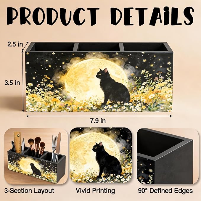 Full Moon Floral Black Cat Pen Holder Organizer Desk Decor, Black Cat Lover Gifts, Whimsical Moonlit Kitty Kitten Wooden Pen Pencil Holders for Home Office Desk Accessories
