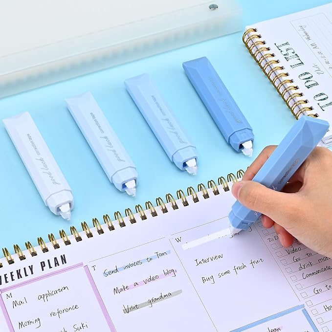 Temiary 5 Pcs White Correction Tapes, Aesthetic Correction Tape Pens Smooth Pull Out, Easy to Use Pen Shaped Applicator for Students School Office Supplies (Blue)