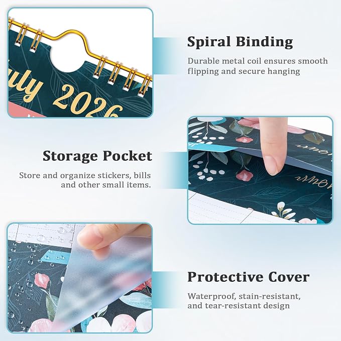 Ospelelf Wall Calendar 2026-2027 with Storage Pockets, 17" X 12" Monthly Large Planner Pad with Protective Cover and Stickers, for Family Fridge Office Teacher Student, Use July 2026 to December 2027 Retro