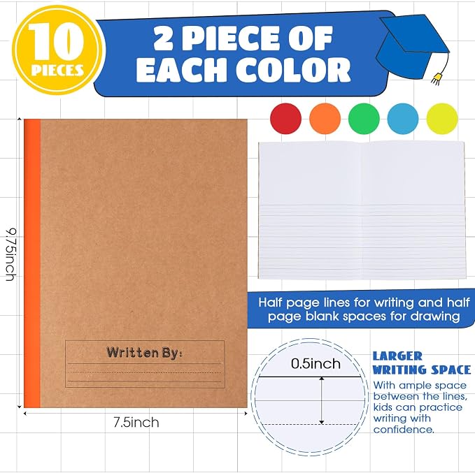 Henoyso 10 Pack Primary Composition Notebook, 9-3/4" x 7-1/2", Kids Primary Journal, K-2 Writing Notebook for Kids Student Draw Write Story Journal Half Blank Books(Bright Color)