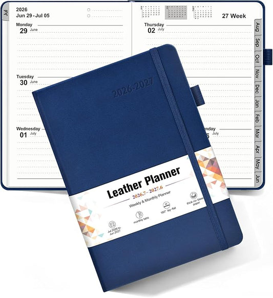 Planner 2026-2027, Academic Weekly and Monthly Calendar Planner from July 2026 - June 2027, Hardcover Leather Daily Agenda Book with Tabs, College School Organizer for Student Teacher, A5 (5.75" x 8.38"), Navy