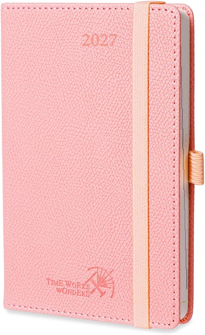 POPRUN 2027 Pocket Planner Weekly and Monthly (Purse Size-4'' x 6.25'') | Pocket Daily Calendar (Jan 2027 - Dec 2027) Appointment Book with Lined Sections, Leather Hardcover, 100GSM - Soft Pink