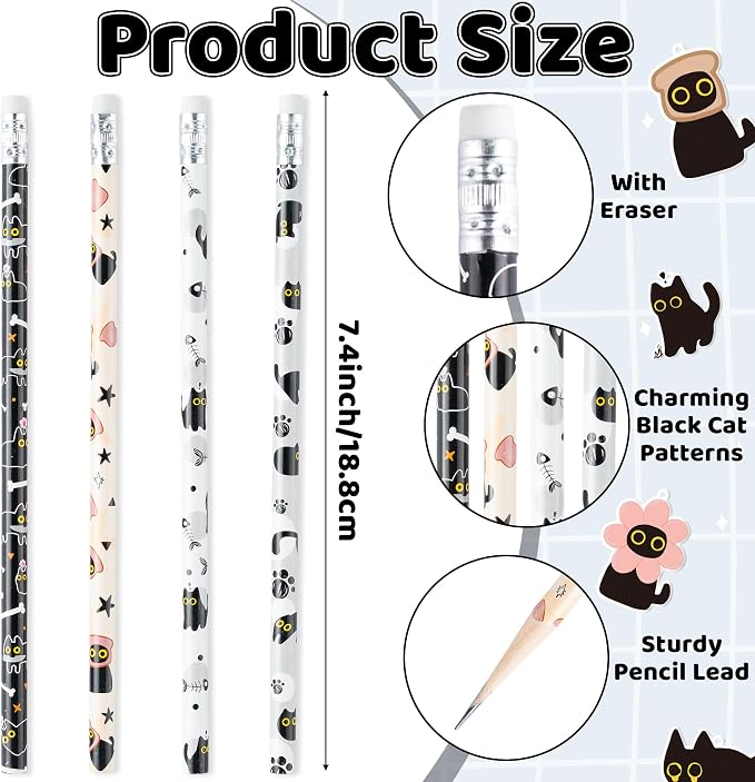 Xqumoi Black Cat Pencils with Eraser - Cute Black Cat #2 HB Pencils, Classroom Student Rewards Back to School Office Supply Kawaii Animal Goodie Bag Fillers Stuffers Halloween Party Favors