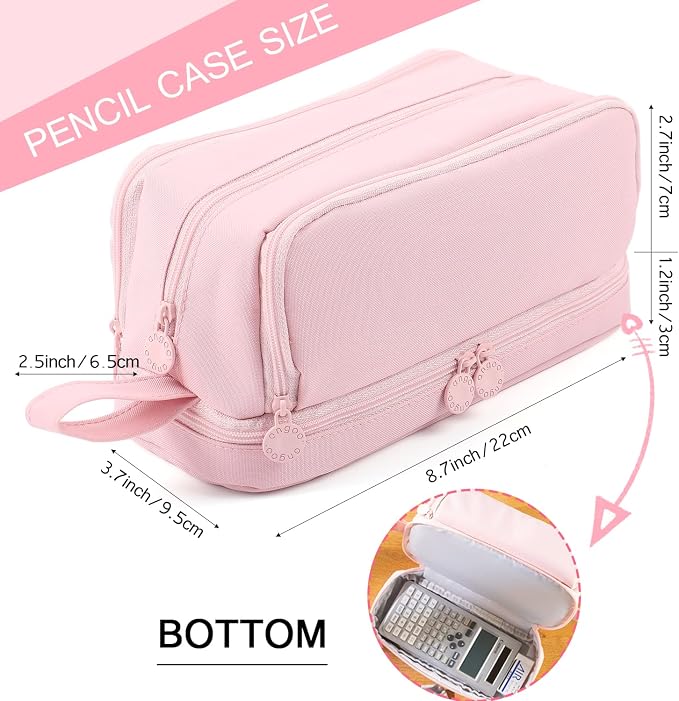 MAMUNU Large Capacity Pencil Case 4 Compartments, Pencil Pouch Bag with Zipper Portable Handle, Pen Case Bag Stationery Organizer for Office College School Adults Teen Girls Boys Men Women, Pink