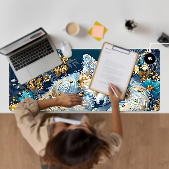 Heated Desk Pad Large Mouse Pad 31.5 x 13 inch with 3 Levels Heating & Auto Shut-Off Warm Mouse pad PU Leather Computer Mousepad for Home Office Work - White Fox and Butterflies