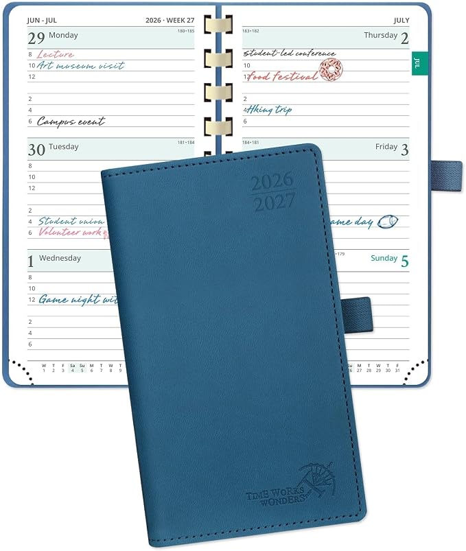 POPRUN Pocket Planner 2026-2027, Small 3.5''x6.5'' Academic Pocket Calendar | Weekly Planner, Purse Calendar Book(July 2026 - June 2027) with Hourly Time Slots, Spiral Soft Cover - Night Sky Blue