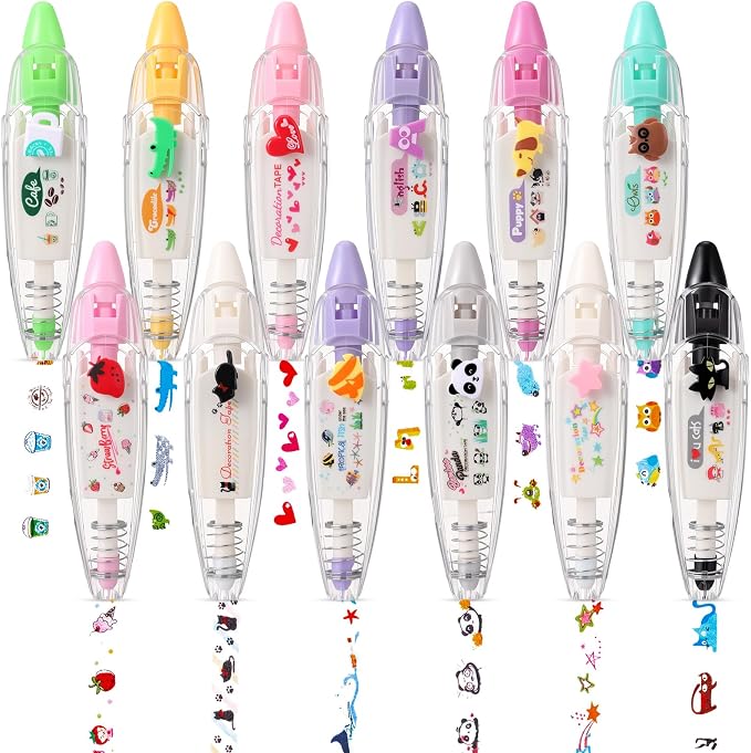 12 Pcs Decorative Tape Pen, Cartoon Animals Press Type Correction Tape, Decorative Roller Pen DIY Creative for Back to School Gifts, Rewards, Scrapbooking, Christmas Stocking Stuffers