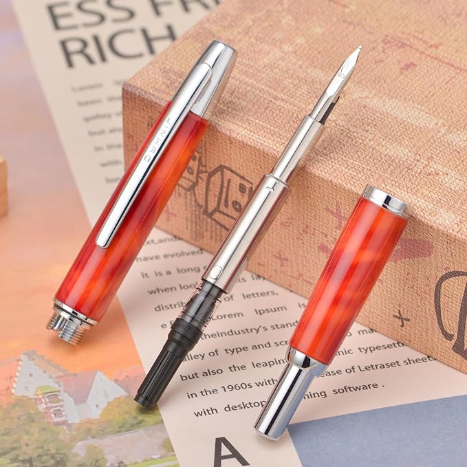 Jinhao 10 Press Fountain Pen with Box, Volcanic Red Retractable Medium Nib with Ink Converter Set (Silver Clip)