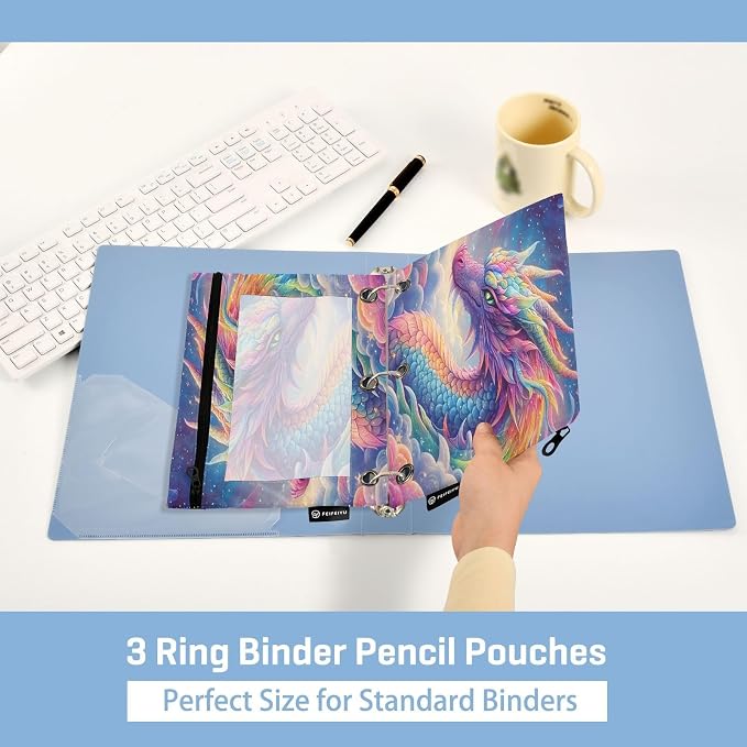 ALAZA Pencil Pouch for 3 Ring Binder, Rainbow Dragon Cloud Binder Pencil Pouches with Clear Window Zipper Pencil Case Cosmetic Bags for Office College Supplies, 2PCS