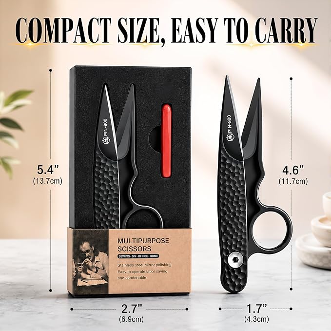 Premium Sewing Scissors, Sharp Precision Thread Snips with Stainless Steel Blades, Upgrade Small Craft Scissors with Black Hammered Handle for Embroidery, Quilting, Fabric, Leather & DIY Projects