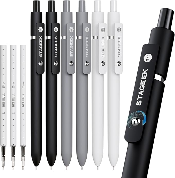 STAGEEK Black Gel Pens GX3, 6 Pcs Fine Point Smooth Writing Pens with 3 Extra Refills, Quick Dry Black Ink Pens for Journaling, Office, Note Taking, School Supplies, Nurse Aesthetic(Black Gray White)