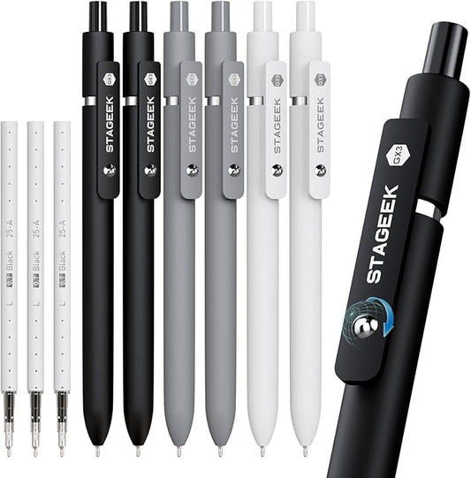 STAGEEK Black Gel Pens GX3, 6 Pcs Fine Point Smooth Writing Pens with 3 Extra Refills, Quick Dry Black Ink Pens for Journaling, Office, Note Taking, School Supplies, Nurse Aesthetic(Black Gray White)