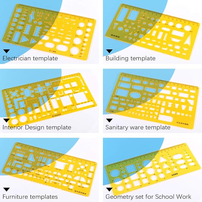 Keadic 12Pcs Geometric Drawings Templates, Geometry Ruler Plastic, Clear Shape Template Yellow Architect Scale Measuring Ruler Drafting Stencils Measuring Tools for Designing and Building