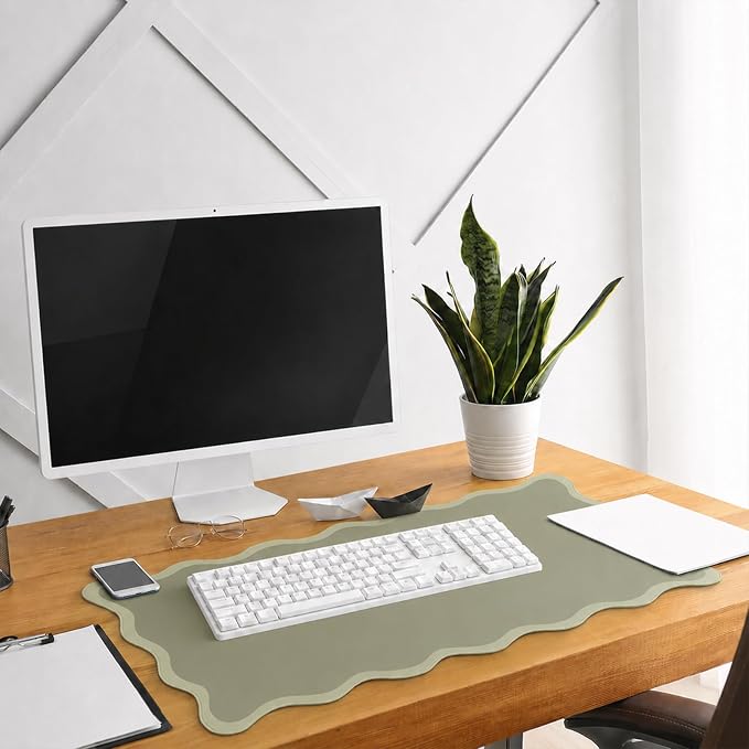 Hahafelt Scalloped Desk Mat Large Desk Pad Cute Coquette Table Mat Back to School Preppy Table Make up Pad Nonslip Graduation Gift with Stitching Waterproof Gaming(Sage Green,31.5 x 15.8 Inches)