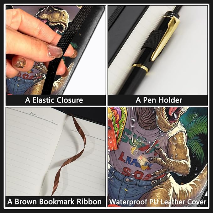 A5 Leather Lined Journal Notebook, 200 Pages Hardcover Executive Notebook for Men Women Office School Note Taking, Thick Writing Paper Daily Journal with Bookmarks/Indexes, Dinosaur