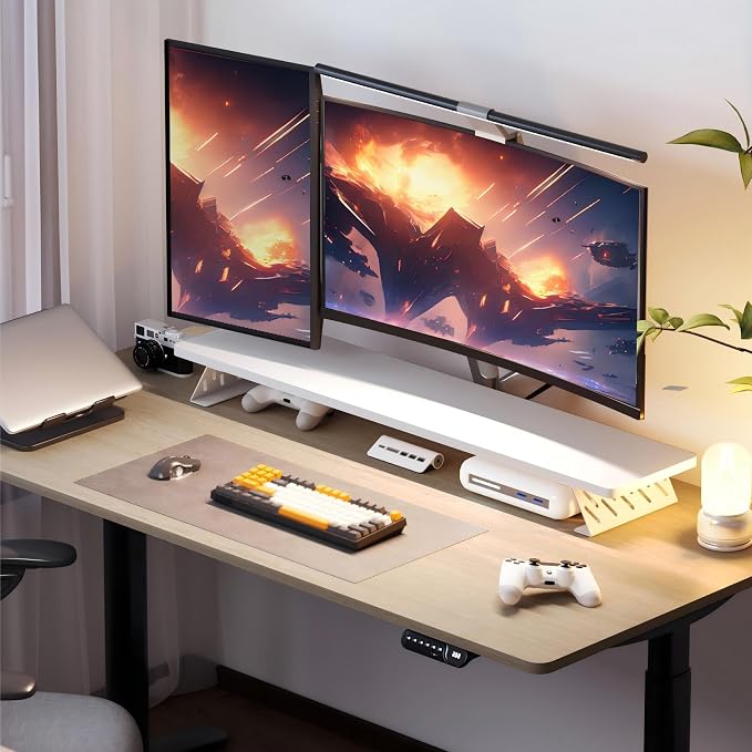 Fenge Monitor Stand Riser, Wooden & Metal Desk Shelf Organizer, White | 42.5 Inch Dual Monitor Riser for 2 Monitors, Multifunctional Monitor Shelf for Laptop, PC, Printer