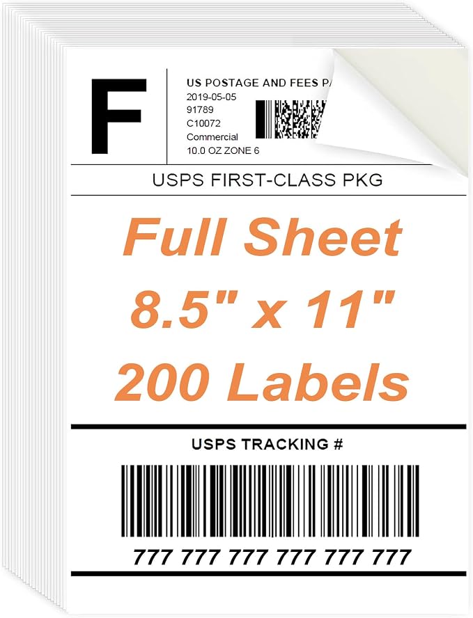 8.5 x 11 Sticker Paper for Inkjet Printer, 200 Sheets Full Sheet Printable White Sticker Paper for Laser Printing, Matte, All 200 Labels