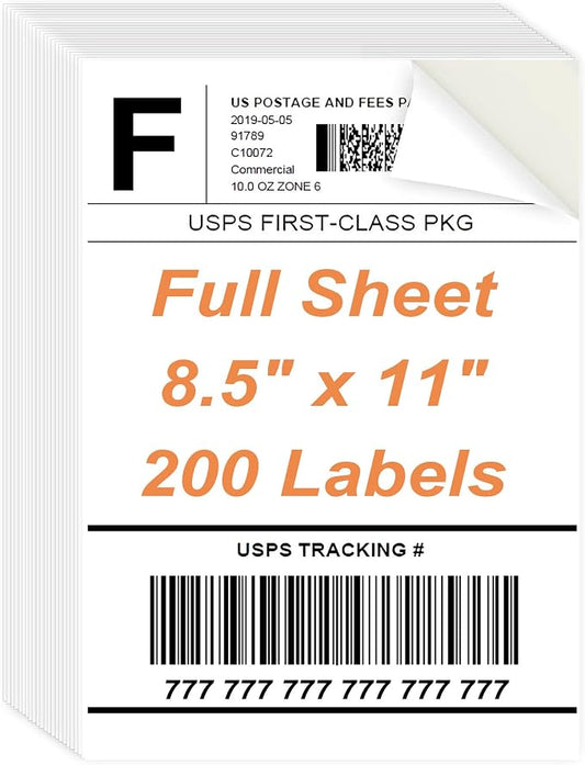 8.5 x 11 Sticker Paper for Inkjet Printer, 200 Sheets Full Sheet Printable White Sticker Paper for Laser Printing, Matte, All 200 Labels