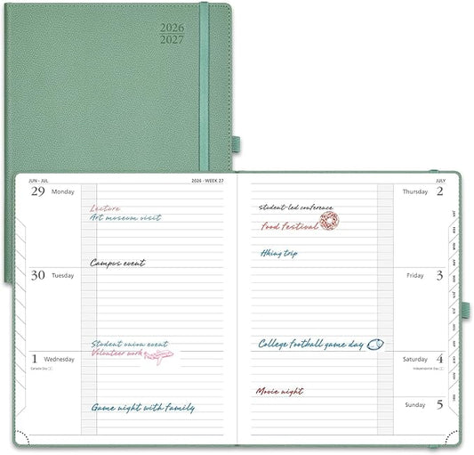 POPRUN Planner 2026-2027 (Large 8.5"x10.5"), Academic Year Weekly Planner | Calendar Book Jul.2026 - Jun.2027, Appointment Book with Monthly Tabs, Leather Hardcover, Inner Pocket, 100GSM - Army Green
