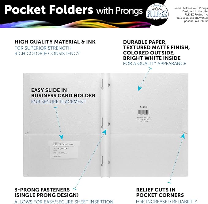 FILE-EZ Two-Pocket Folders with 3-Prong Fasteners, White Color, 25-Pack, Durable Textured Paper, Matte Finish, Letter Sheet Size (EZ-92510)