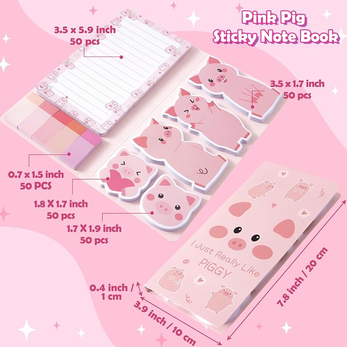 B1ykin Sticky Notes Set - 550 Sheets Memo Writing Pad Pink Piggy Design | Self-Stick Notes Pages, Teacher Appreciation Gift, School Office Supplies, I Just Really Like Piggy Design