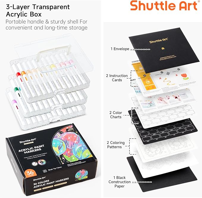 Shuttle Art Automatic Ink Control Acrylic Paint Markers, 36 Colors Brush Tip Acrylic Paint Pens for Rock Painting, Ceramic, Wood, Canvas, Glass, Stone, Fabric, Card, DIY Football Crafts