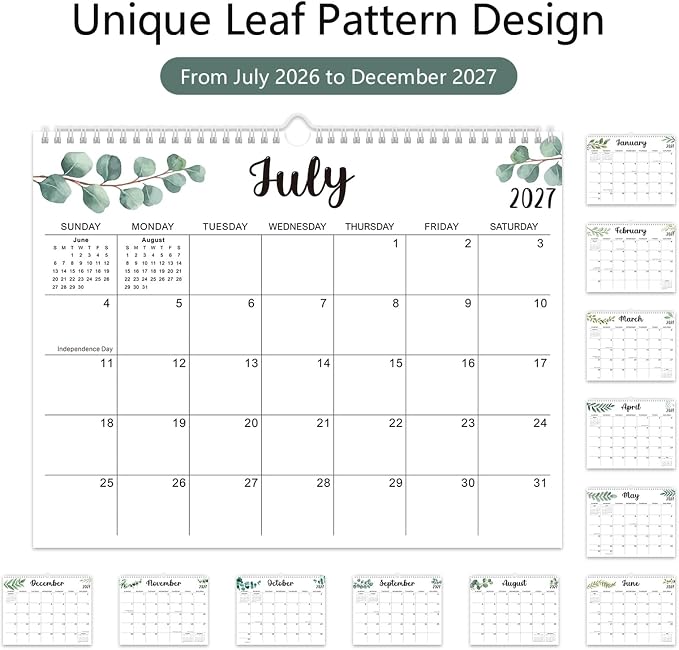 Wall Calendar 2026-2027, 18 Months Academic Calendar, July. 2026 - Dec 2027, 14'' × 11'', Monthly Wall Hanging Calendar with Thick Paper for Office Home Leaf