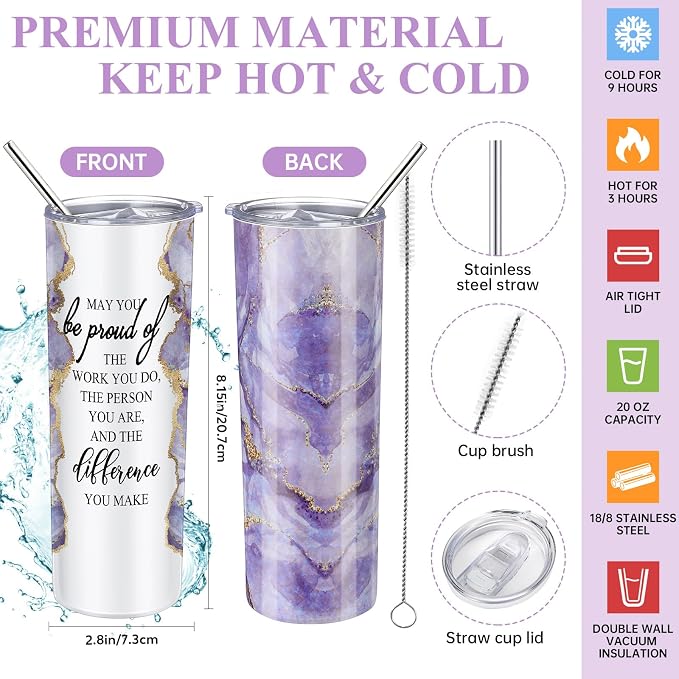 Domensi 6 Pcs Employee Appreciation Gift Set for Women Female Thank You Gift May You Be Proud 20 oz Rustic Marble Sign Tumbler Makeup Bag Journal for Boss Teacher Work Business(Purple)