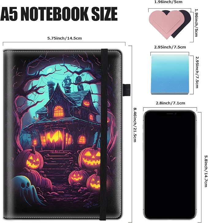 Hardcover Executive Notebooks, A5 PU Leather Lined Journal Notebook, 200 Pages Thick Paper Subject Notebooks for School,Work,Home Writing Business Notebook, Diary Book ，Halloween Pumpkin Cabin