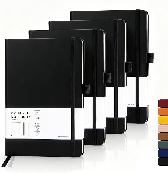 PAGELYST Dotted Journal Notebook, 200 Pages,4 Pack Leather Bullet Journal for Women Men, A5 Medium 5.7'' x 8.3'', 100 GSM Thick Paper for Journaling, Planning, Tracking (Black)