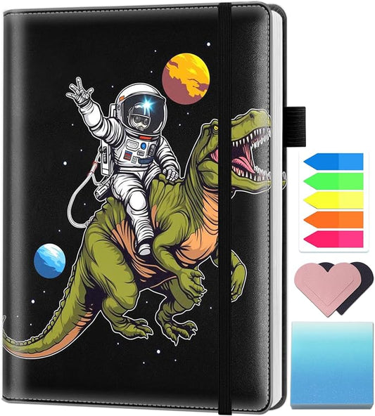A5 Leather Lined Journal Notebook, 200 Pages Hardcover Executive Notebook for Office School Note Taking, Thick Writing Paper Daily Journal with Bookmarks/Indexes, Space Astronaut Riding Dinosaur