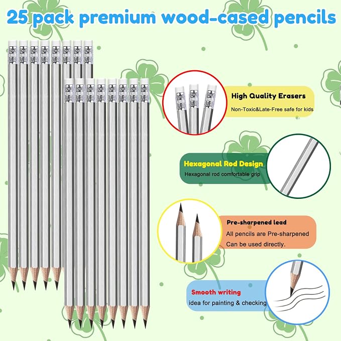 Adhere 25pcs Woodcase Pencils with Eraser Premium Pre-Sharpened Hexagon Graphite 2B pencils ideal for home, office writing including a Free Sharpener (Silver・25pcs)
