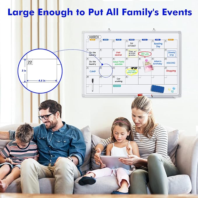 White Board Calendar Dry Erase for Wall, 36" x 24" Aluminum Frame | Magnetic Monthly Planner Board, Wall Mounted or Hanging. Calendar Design Suitable for Daily Planning of Home, Office, Class