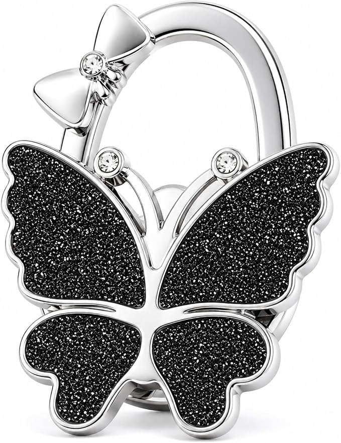 Purse Hook for Table, Foldable Handbag Hanger for Women, Portable Bag Holder with Non-Slip Base, Cute Black Glitter Butterfly Purse Table Hook for Restaurant Office Travel Gift