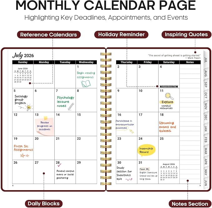 Planner 2026-2027, 6.3" x 8.5" Weekly and Monthly Academic Year Planner Calendar, July 2026 - June 2027, Hardcover Large School Planning Agenda With Tabs, Perfect for School & Office Supplies, A5, Burgundy