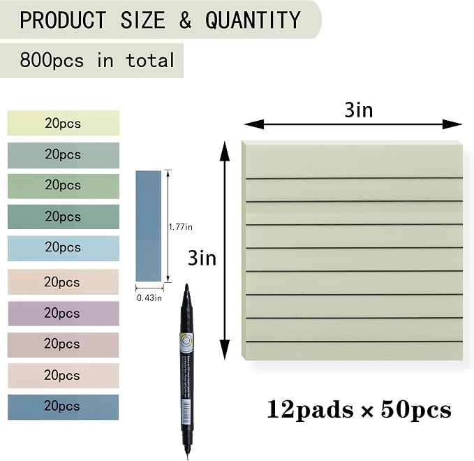 YOUDEFUL 800Pcs Transparent Sticky Notes, Green Clear Sticky Notes with Lined, 3"x3" Waterproof Translucent Sticky Note Pads, Index Tabs, Clear Post it Notes for Bible Study, See Through Sticky Notes