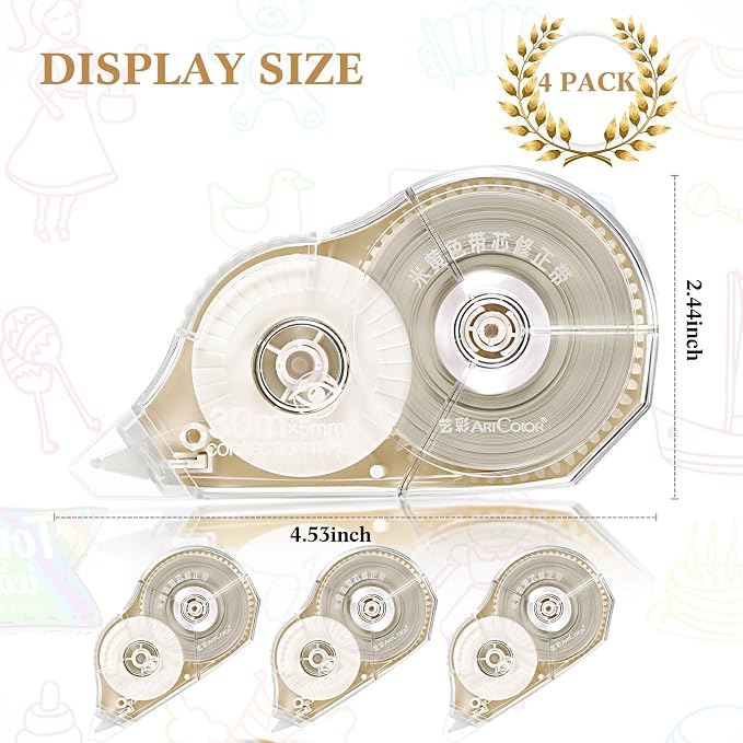 Zonon 4 Pieces Correction Tape Cream Color Beige Corrective Tape Eraser 100 Feet Long for Back to School Office Supplies Crafting, Journal, Note Taking, Case Color May Vary
