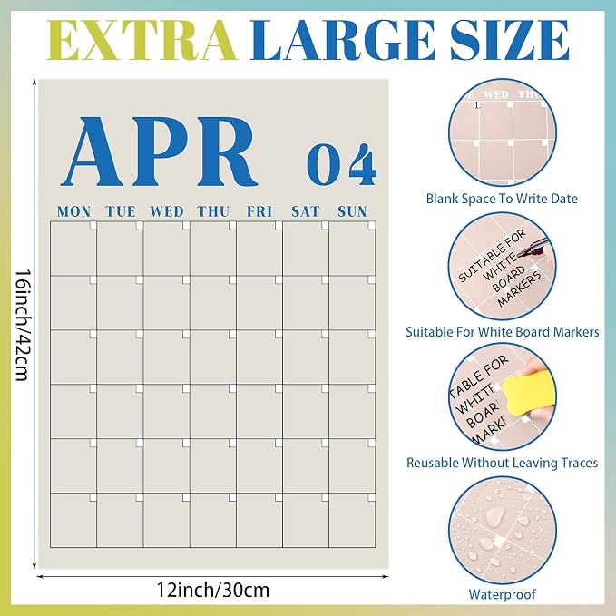 Gueevin 2026 Reusable Classroom Calendar Large Undated Dry Erase Wall Calendar 16 x 12 Inches Big Monthly Blank Planner Yearly Planning for School Organizing Office Home (Fresh Macaron)