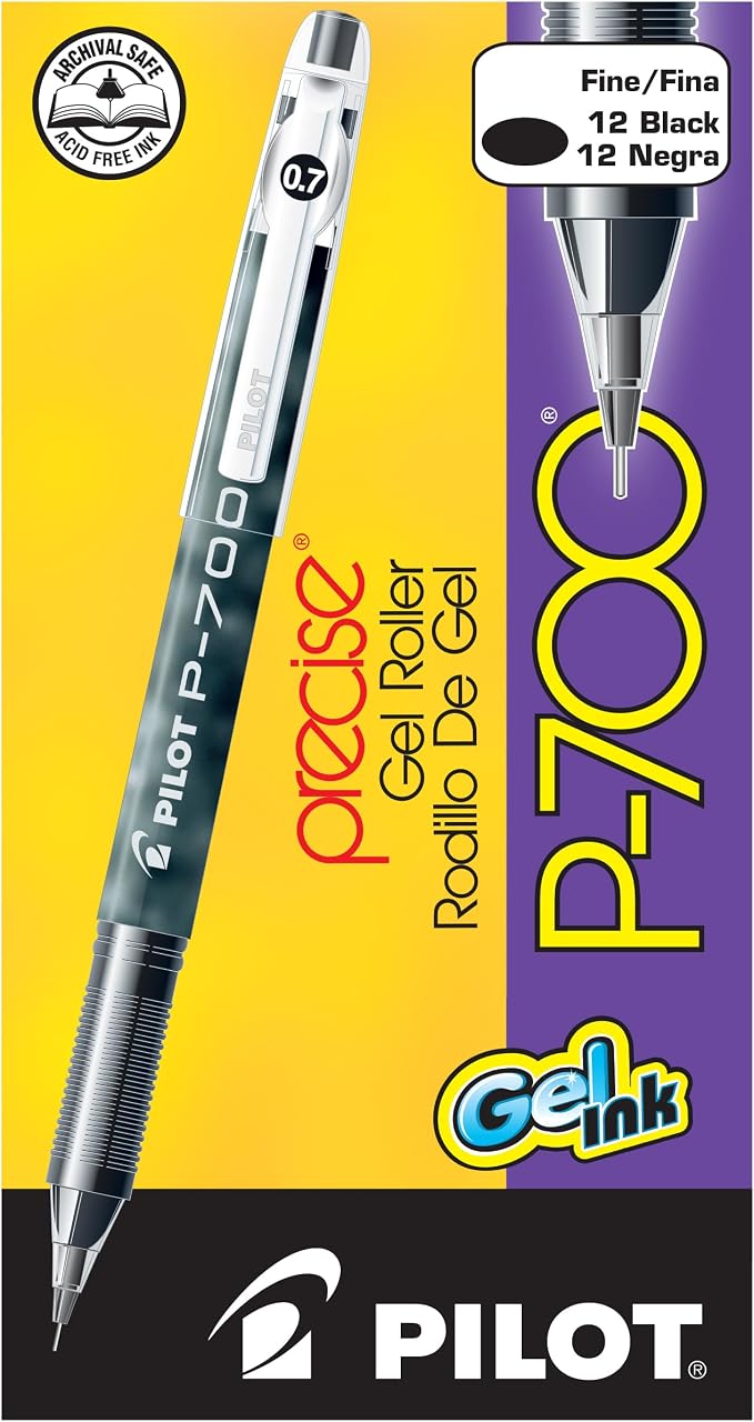 Pilot Precise P-700 Gel Ink Rolling Ball Stick Pens, Fine Point 0.7mm, Black Ink Pens, 12 Count (Pack of 1)
