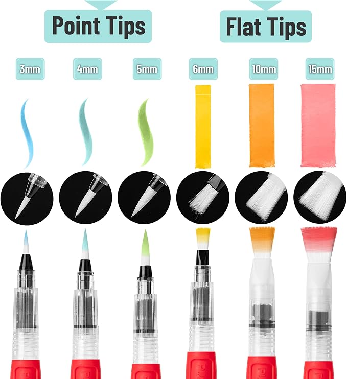 Mr. Pen- Watercolor Brush Pens, 6 pcs | 3 x Point Tips and 3 x Flat Tips Styles, Nylon Bristles, Refillable Watercolor Pens for Acrylic, Gouache, Crayons