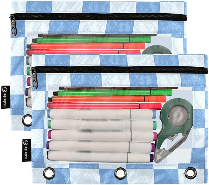 Blue Checkered White Buffalo Plaid Pencil Pouch for 3 Ring Binder 2 Pack Zipper Binder Pencil Bag Case with Clear Window Office Supplies