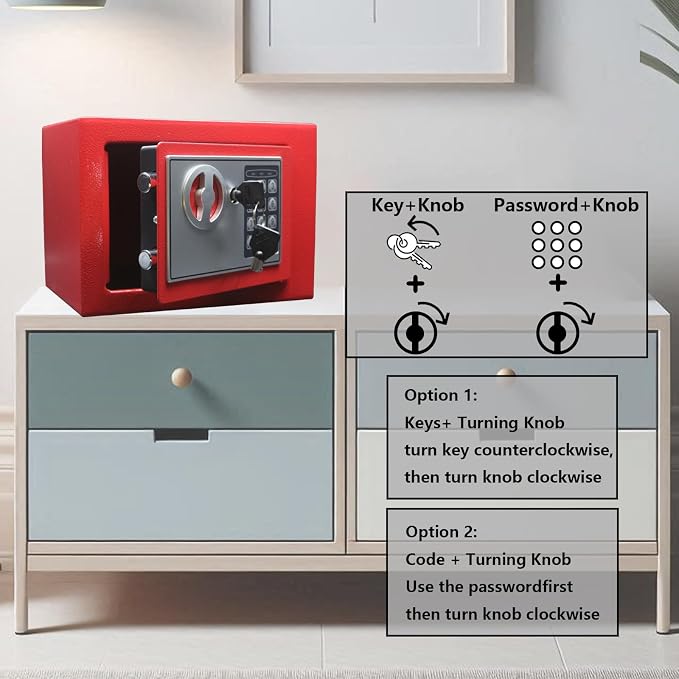 Yuanshikj Small Steel Security Safe Box with Keypad,Key;0.23 Cu Ft, Red | Electronic Digital Secure,9.1" W x 6.7" D x 6.7" H,Hidden for Home Dorm Apartment Hotel Office Cash Jewelry Storage