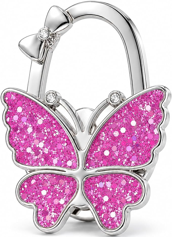 Purse Hook for Table, Foldable Handbag Hanger for Women, Portable Bag Holder with Non-Slip Base, Cute Sequin Purple Butterfly Purse Table Hook for Restaurant Office Travel Gift
