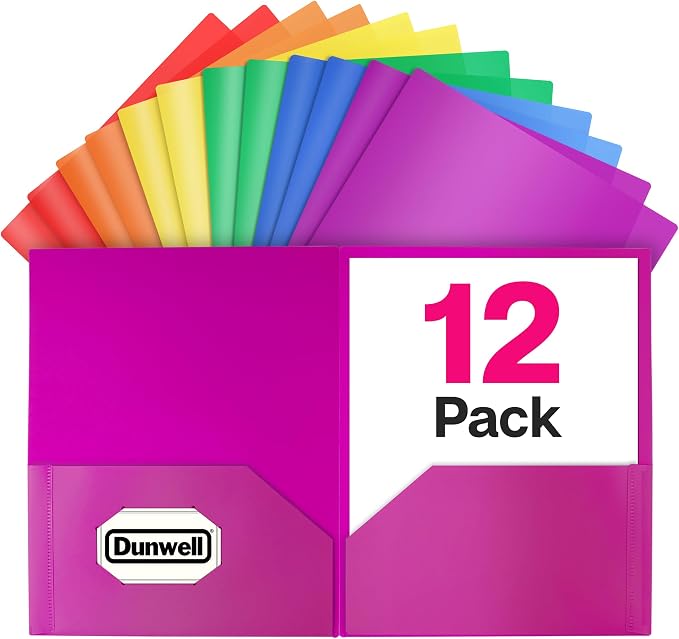 Dunwell Colored Plastic Folders with Pockets - (12 Pack, Assorted Colors), 2-Pocket 8.5x11 Folders for School and Office, Heavy Duty Long Lasting Poly, Includes Labels
