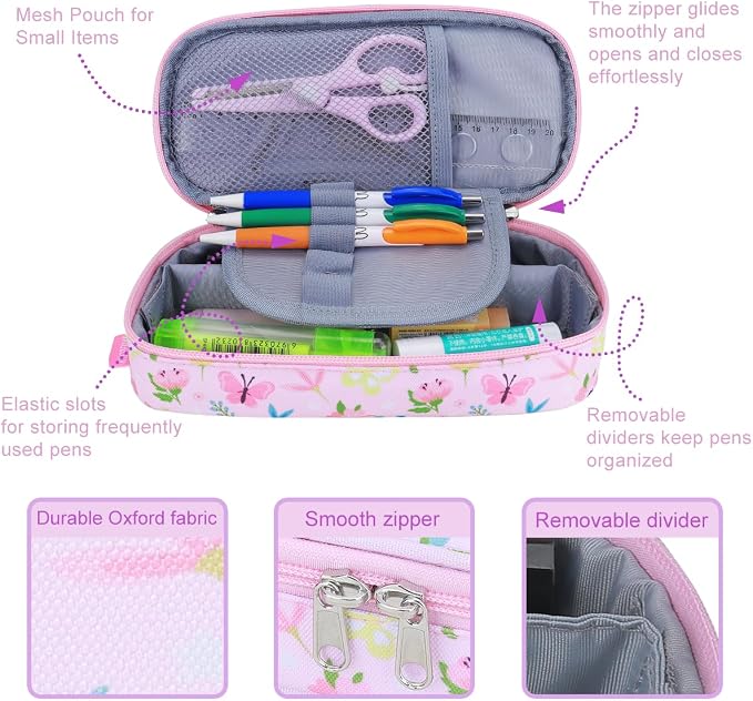 RHCPFOVR Kids Pencil Case for Girls-Soft Zipper Large Capacity Pencil Pouch for Girls Pencil Case for School Pencil Bag for Toddler (Pink Butterfly)