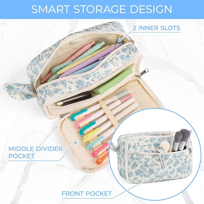 WOBAGMEN Quilted Pencil Pouch for Girls Women, Large Pencil Case Pouch with Compartments Cute Aesthetic Pencil Case Organizer, Floral Pencil Bag for School Supplies (blue floral)