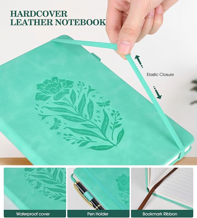 Lined Journal Notebook for Women, A5 Green Hardcover Leather Journals for Writing, 200 Pages Travel Daily Journal,Thick College Ruled Notebook for Work School, Note Taking, Business 5.75'' X 8.38''