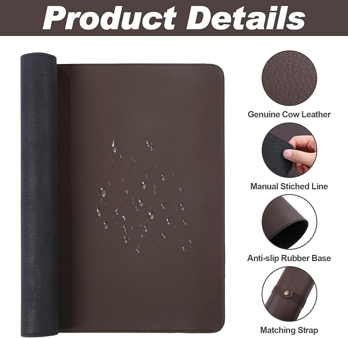 Tegeme Genuine Leather Desk Mat Large Desk Pad 35.4 x 15.7 Inch Non Slip Leather Table Protector with Stitched Edges and Rubber Base Brown Stylish Laptop Mat Smooth Writing for Workspace Home Office